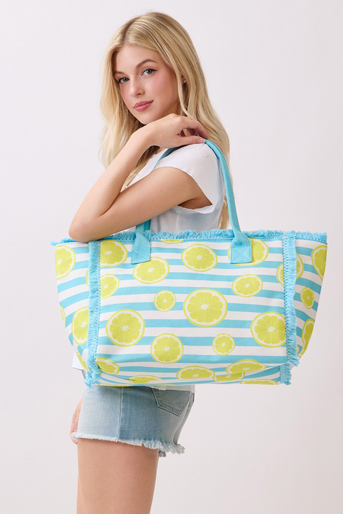 Women's Lemon with Stripe Pattern Fringe Medium Tote Bag by BURACQ