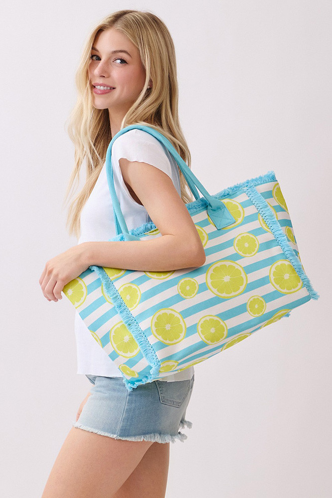 Women's Lemon with Stripe Pattern Fringe Medium Tote Bag in Blue