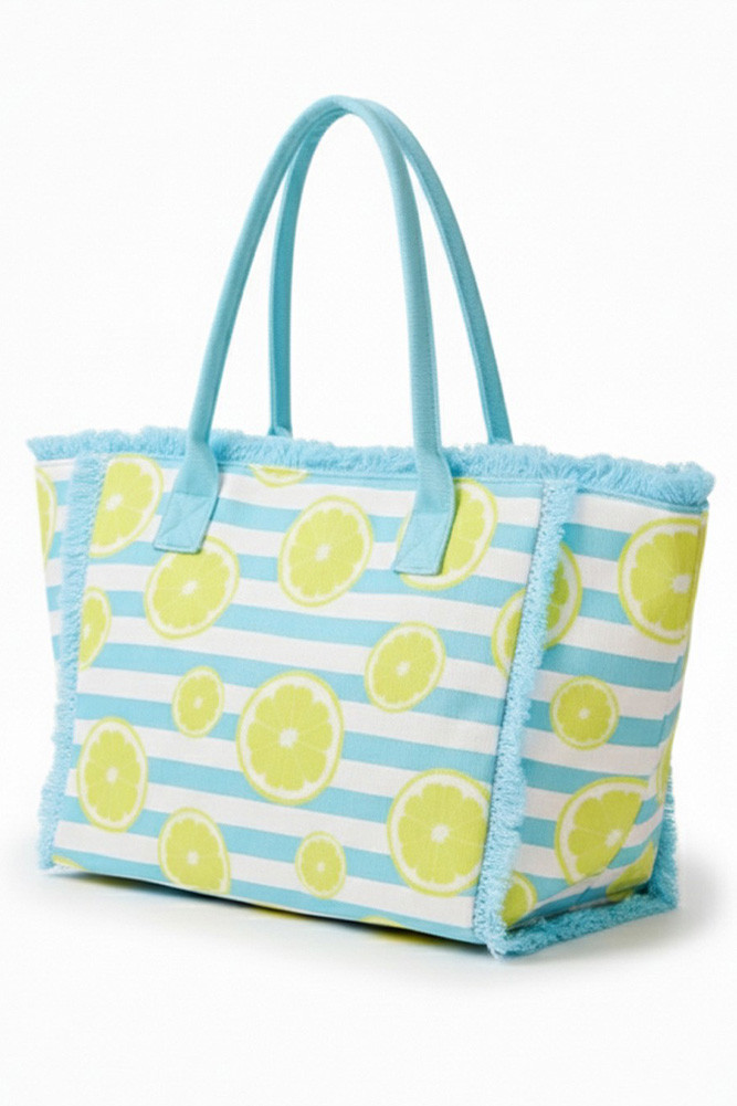 Women's Lemon with Stripe Pattern Fringe Medium Tote Bag in Blue