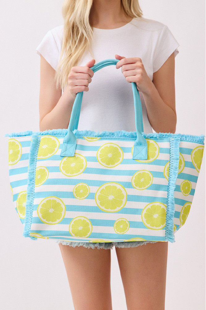 Women's Lemon with Stripe Pattern Fringe Medium Tote Bag in Blue