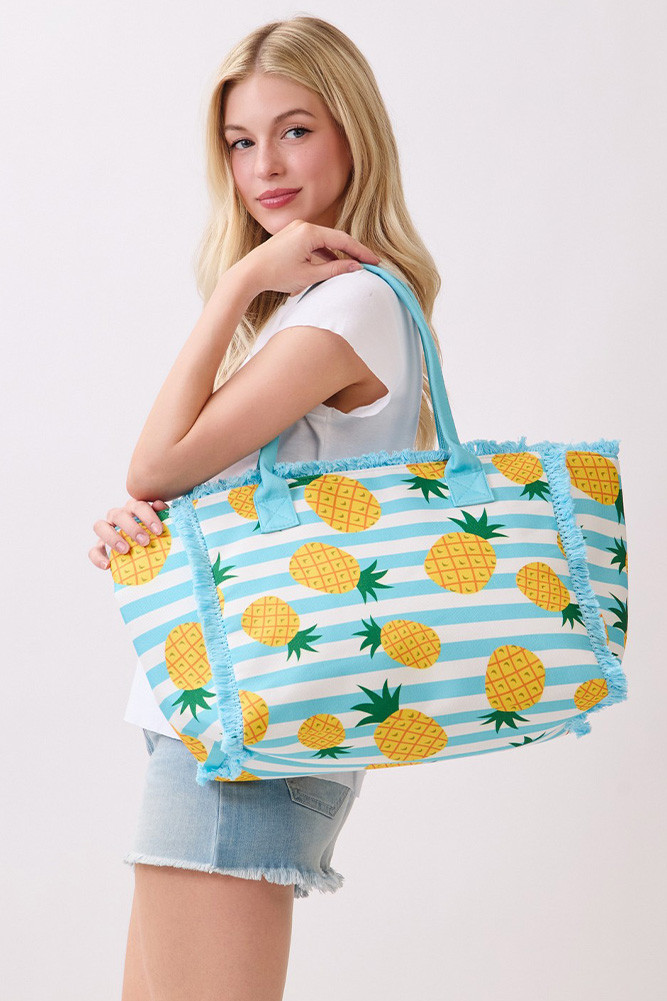 Women's Pineapple with Stripes Fringe Medium Tote Bag in Blue