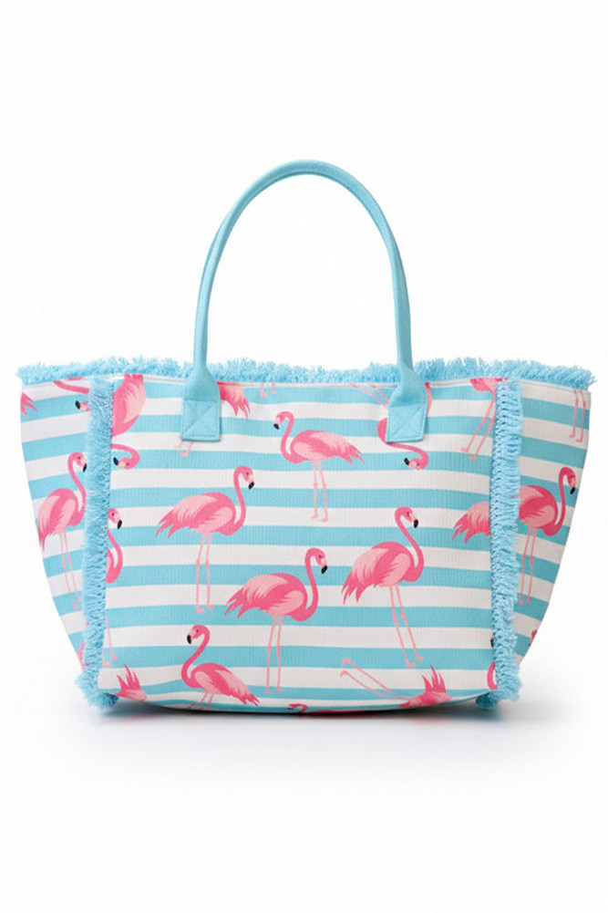 Women's Flamingo with Stripes Fringe Medium Tote Bag in Blue