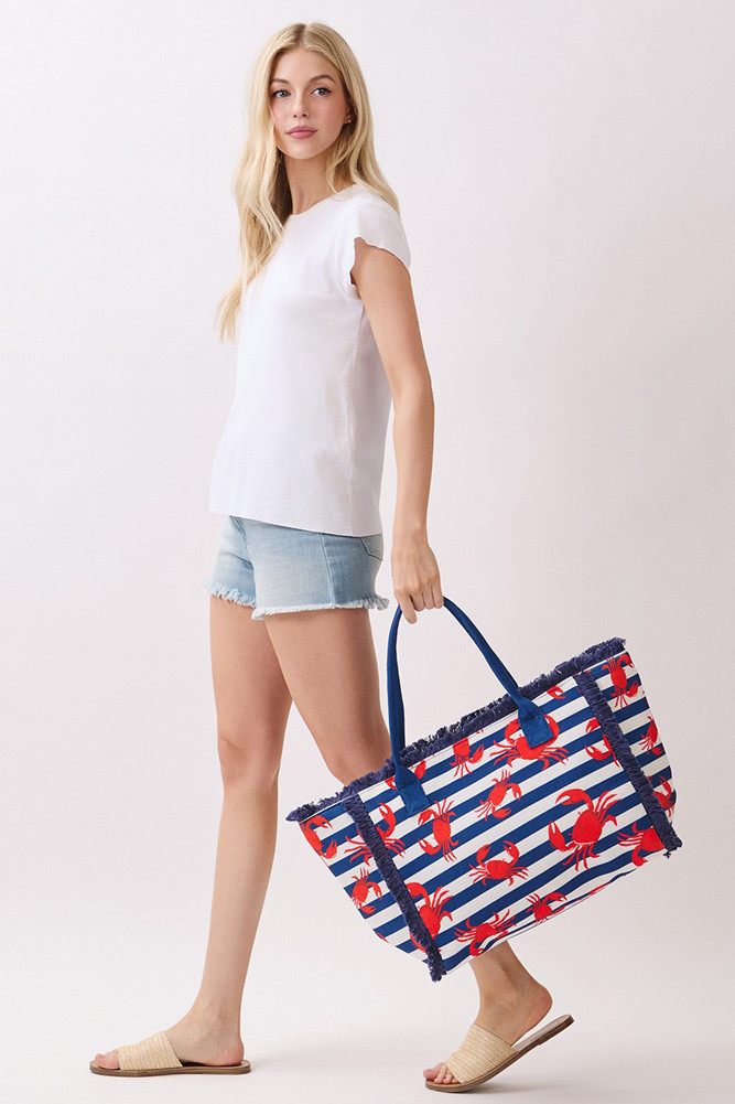 Women's Crab with Stripes Pattern Fringe Medium Tote Bag in Navy