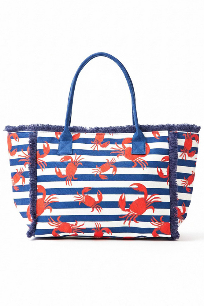 Women's Crab with Stripes Pattern Fringe Medium Tote Bag in Navy