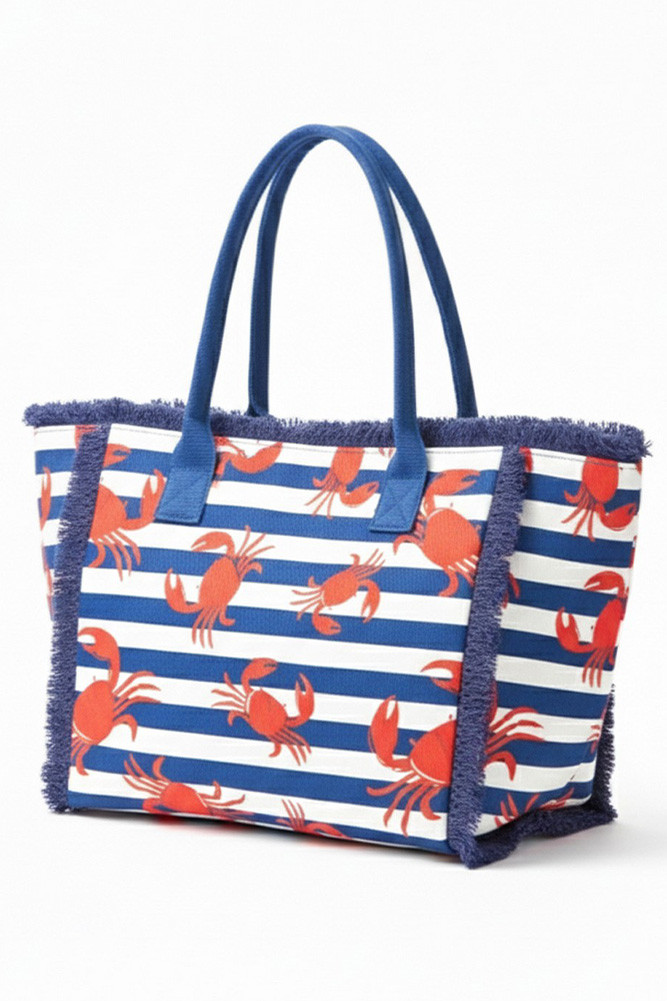 Women's Crab with Stripes Pattern Fringe Medium Tote Bag in Navy