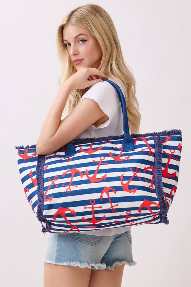 Women's Anchor with Stripes Pattern Fringe Medium Tote Bag in Navy by BURACQ