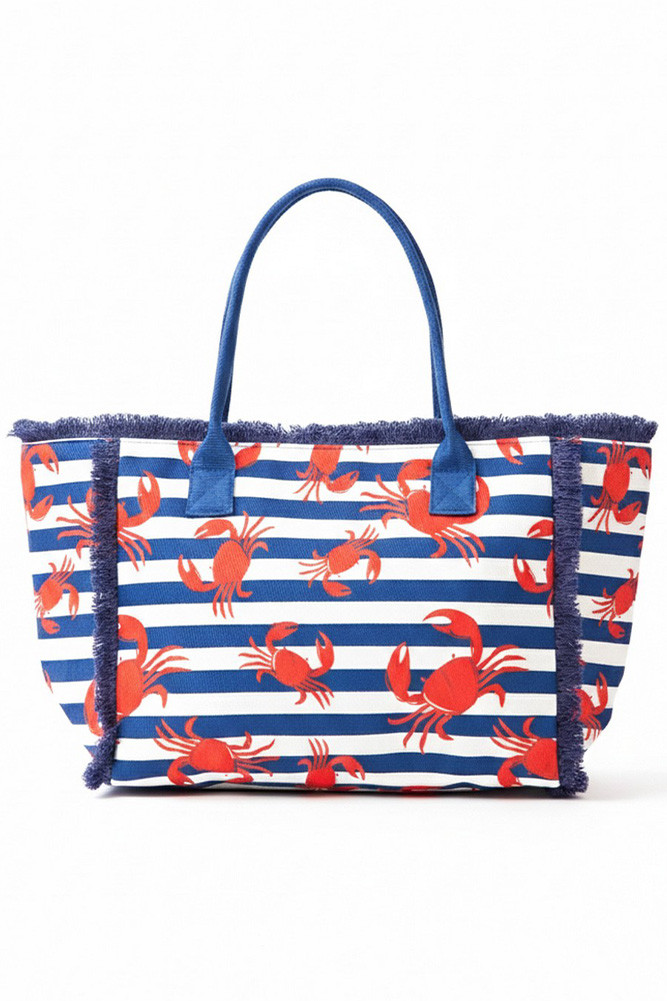 Women's Anchor with Stripes Pattern Fringe Medium Tote Bag in Navy