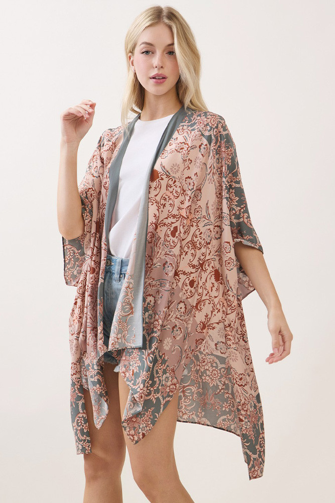 Women's Bohemian Floral Paisley Print Kimono Cover-Up in Olive