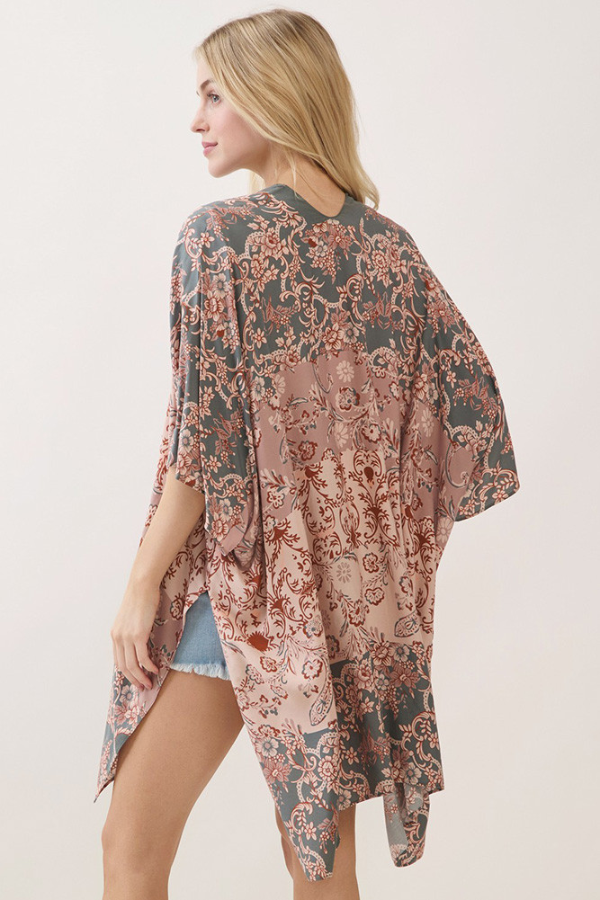 Women's Bohemian Floral Paisley Print Kimono Cover-Up in Olive
