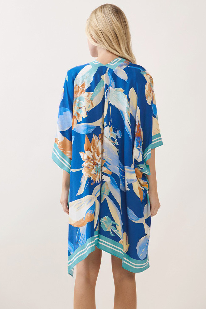 Women's Bohemian Floral Print Kimono Cover-Up in Blue