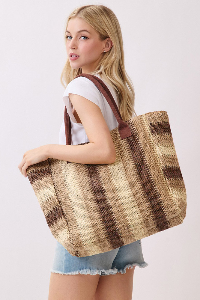 Women's Multi Stripe Pattern Natural Brown Straw Tote Bag in Brown