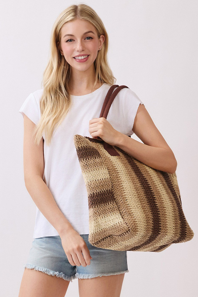 Women's Multi Stripe Pattern Natural Brown Straw Tote Bag in Brown