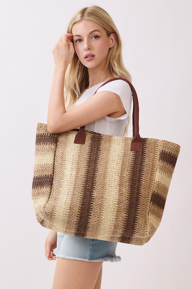Women's Multi Stripe Pattern Natural Brown Straw Tote Bag in Brown