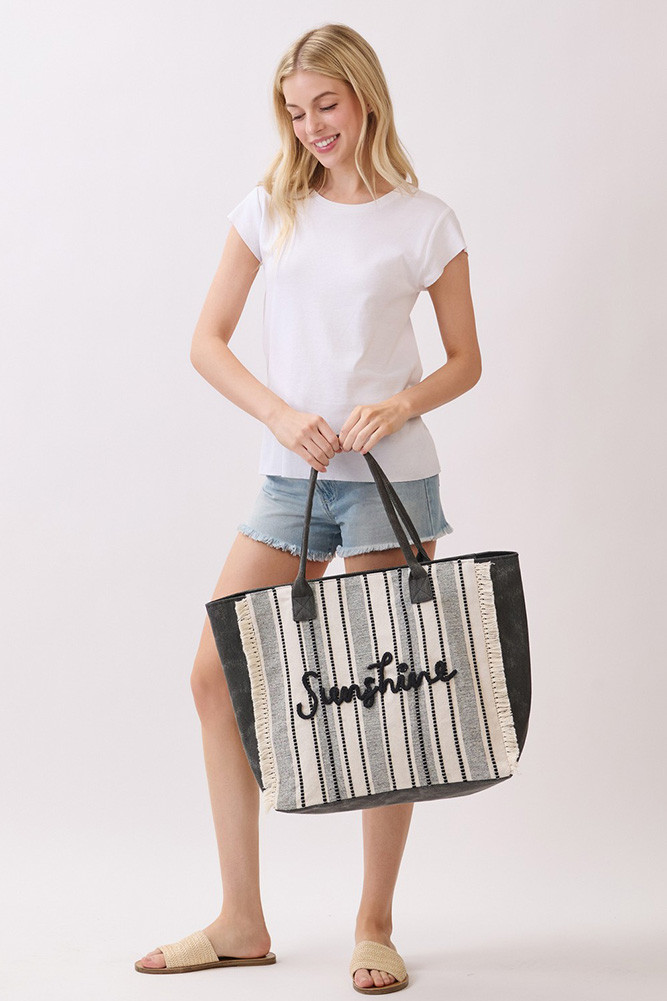 Women's Vintage Sunshine Stripe with Fringe Tote Bag in Black