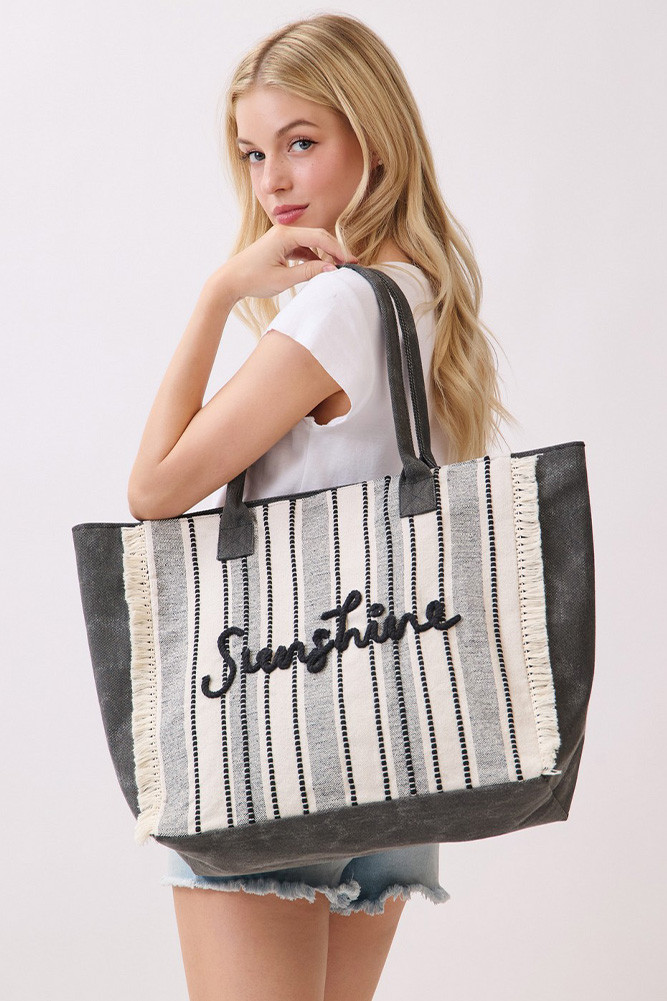 Women's Vintage Sunshine Stripe with Fringe Tote Bag in Black