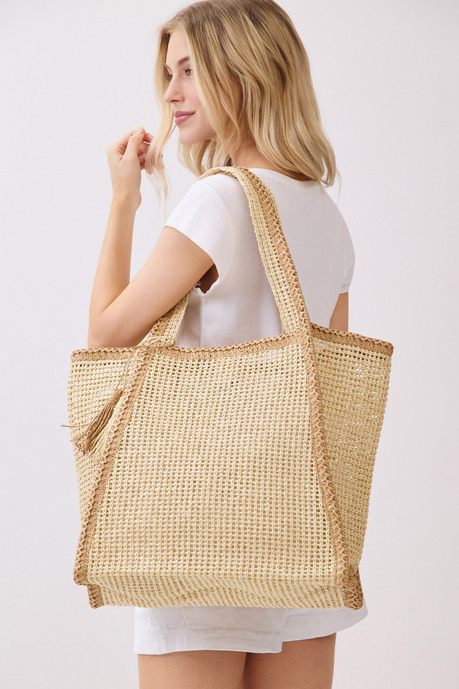Women's Two-Tone Woven Straw with Tassel Tote Bag in Beige