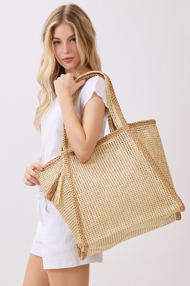 Women's Two-Tone Woven Straw with Tassel Tote Bag in Beige