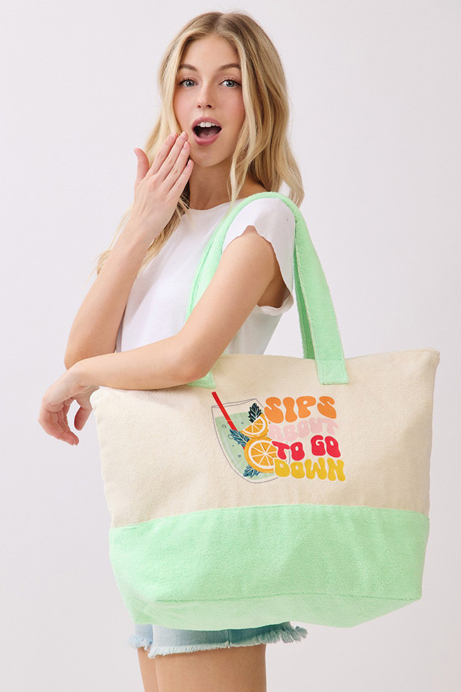 Women's Sips About to Go Down Letter Terry Tote Bag — tote bag photo 5