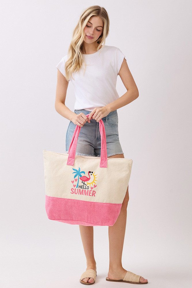 Women's Hello Summer Letter with Flamingo Terry Tote Bag — tote bag photo 2