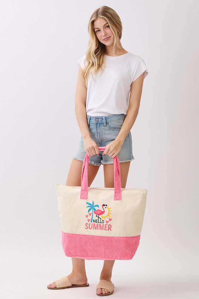 Women's Hello Summer Letter with Flamingo Terry Tote Bag — tote bag photo 5