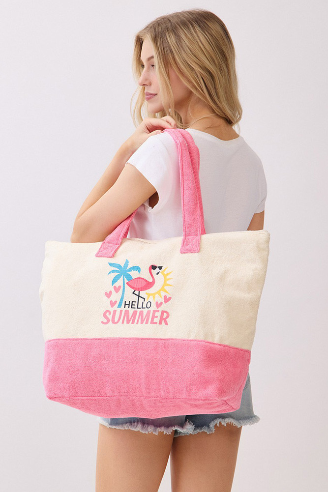 Women's Hello Summer Letter with Flamingo Terry Tote Bag — tote bag photo 6
