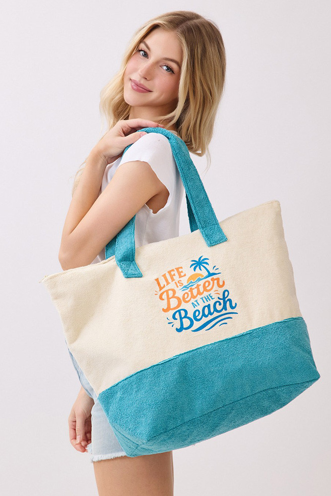 Women's Life Is Better at the Beach Letter Terry Tote Bag — tote bag photo 4