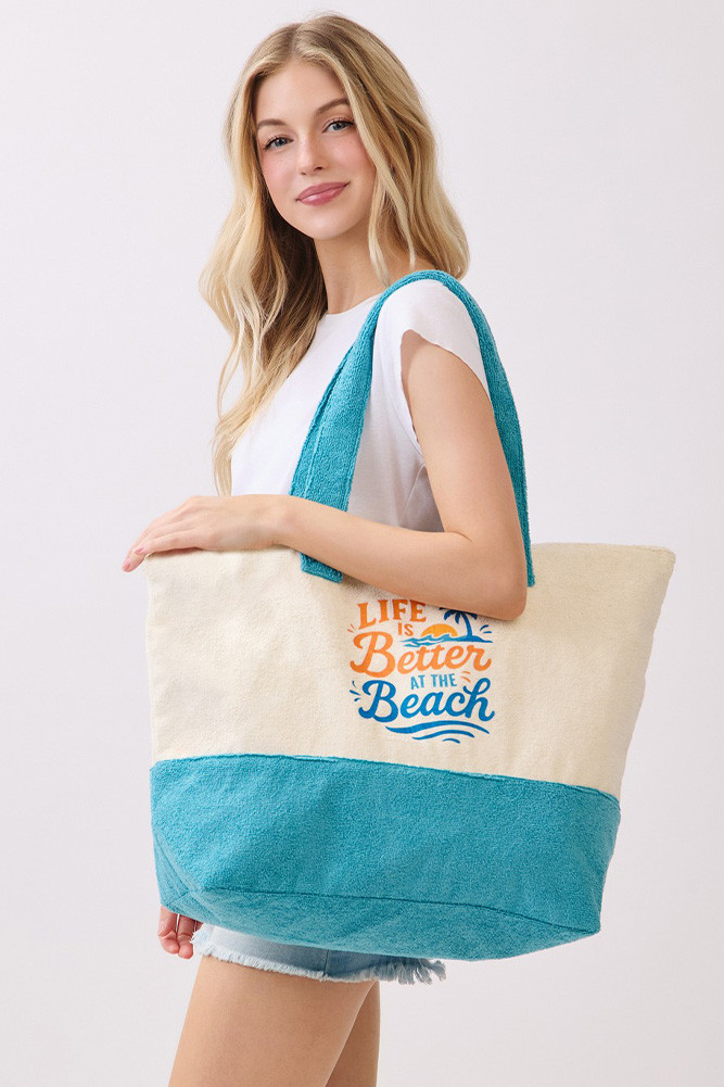 Women's Life Is Better at the Beach Letter Terry Tote Bag — tote bag photo 8