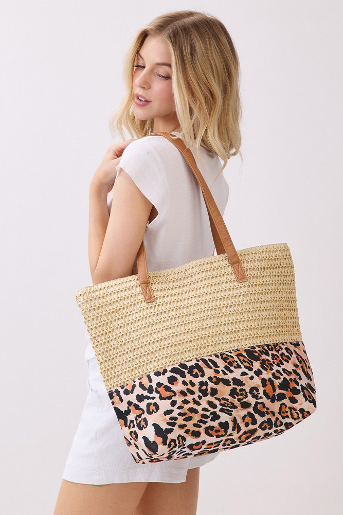 Women's Leopard Pattern Fabric Print with Straw Tote Bag in Beige