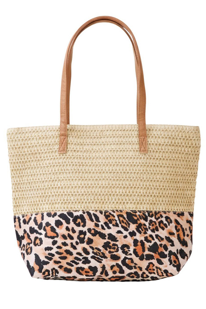 Women's Leopard Pattern Fabric Print with Straw Tote Bag in Beige