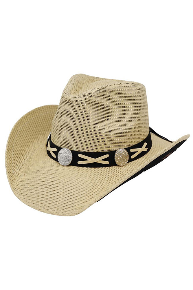 Women's Horse & Horseshoe Print with X-Lace and Conchos Cowboy Hat in Beige