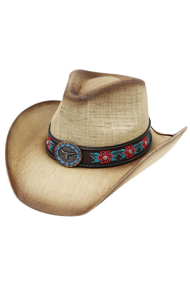 Women's Rhinestone Flower Embroidered with Longhorn Cowboy Hat in Beige