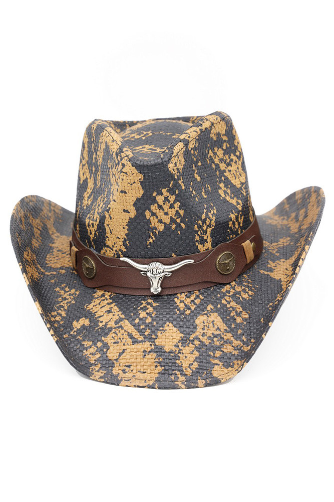 Women's Bull Head Accent Snake Print Cowboy Hat in Brown