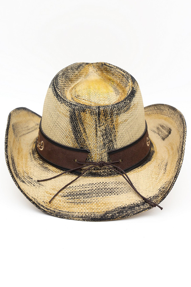 Women's Ornate Oval Buckle Faux Leather Band Antique Wash Cowboy Hat in Beige