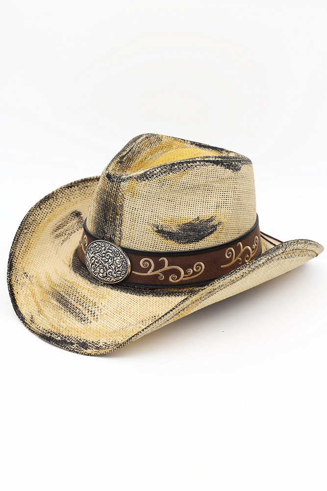 Women's Ornate Oval Buckle Faux Leather Band Antique Wash Cowboy Hat in Beige