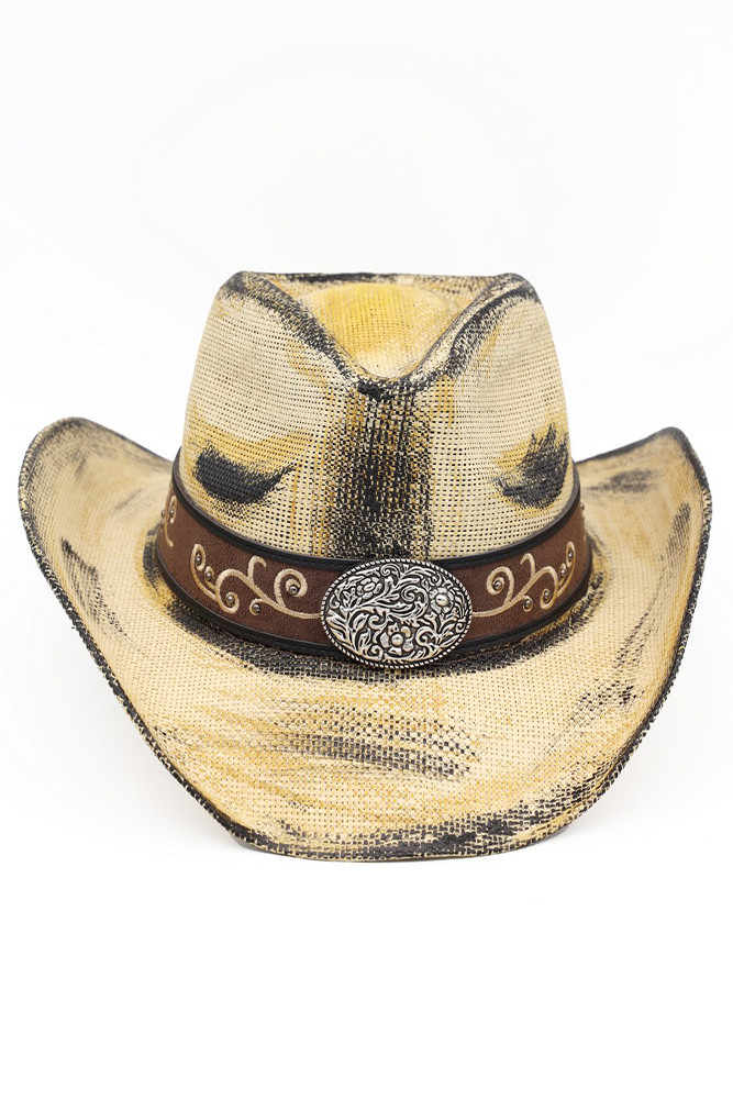 Women's Ornate Oval Buckle Faux Leather Band Antique Wash Cowboy Hat in Beige