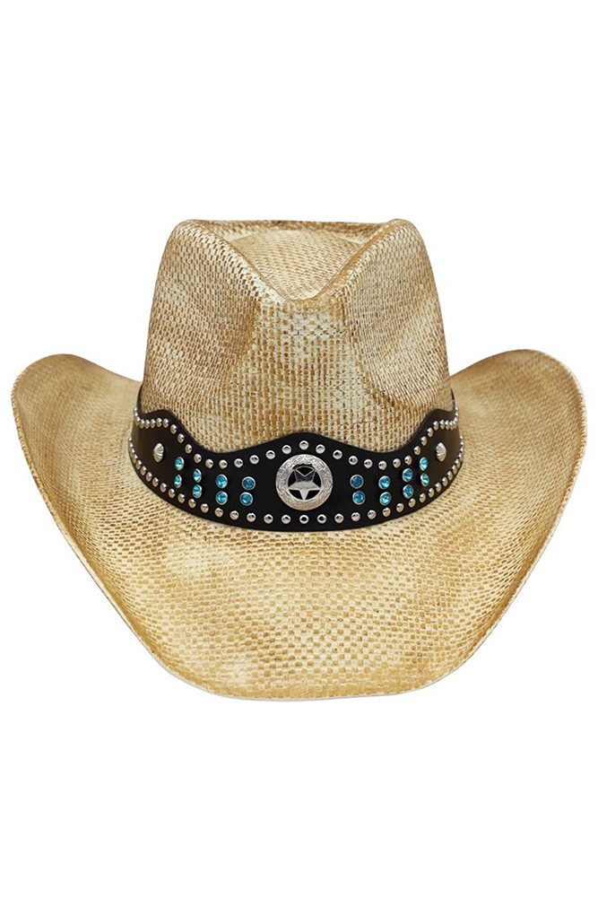 Women's Bead and Studs Faux Leather Band Rustic Straw Cowboy Hat in Beige
