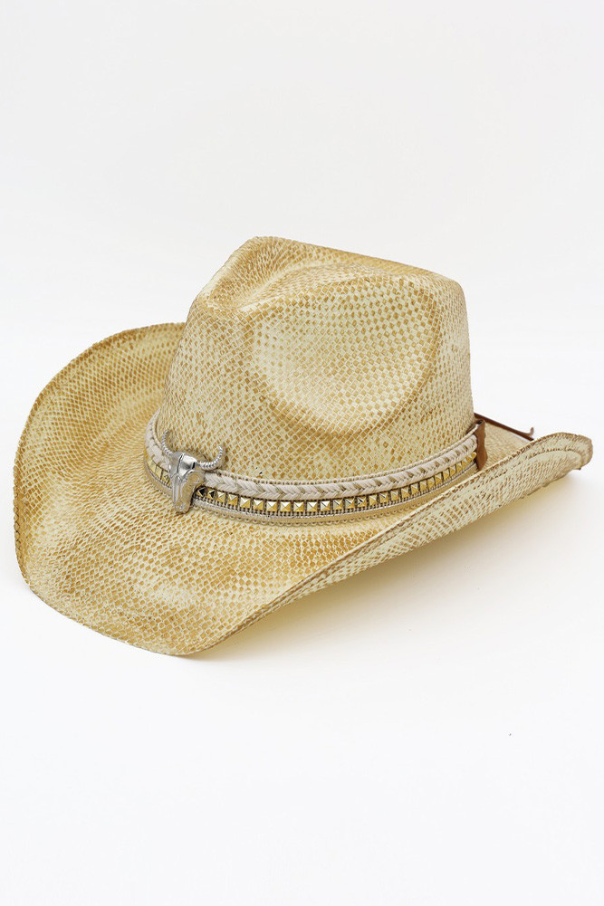Women's Silver Bull Head and Multi Band Handmade Vintage Cowboy Hat in Beige