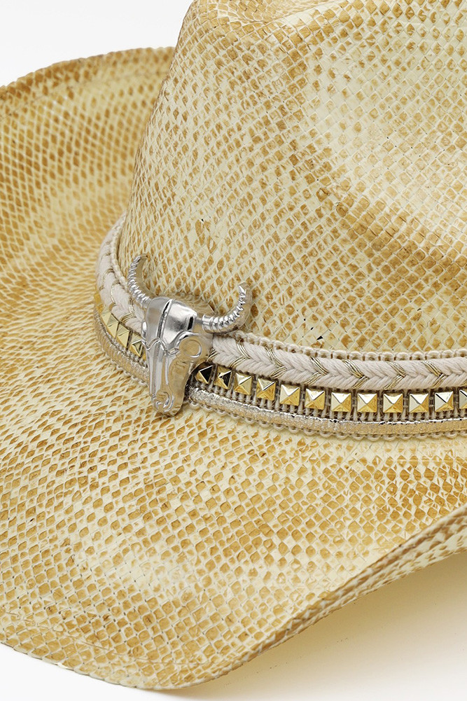 Women's Silver Bull Head and Multi Band Handmade Vintage Cowboy Hat in Beige
