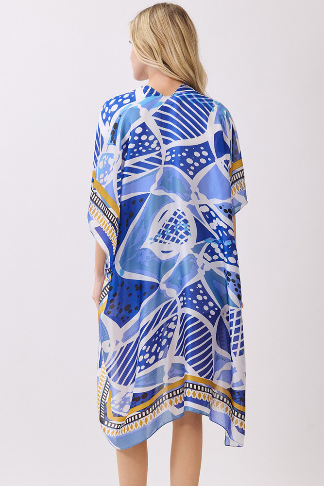 Women's Abstract Botanical Print and Pattern Edge Silky Feel Kimono in Blue