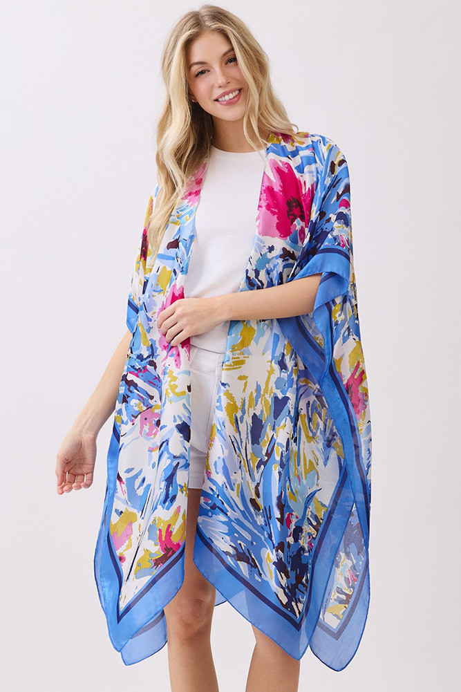 Women's Abstract Floral Print and Solid Edge Silky Feel Kimono in Blue