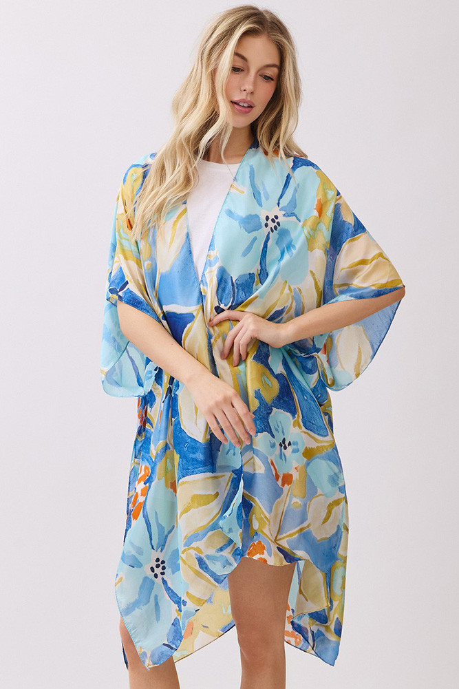 Women's Vibrant Botanic Print Silky Feel Kimono in Blue