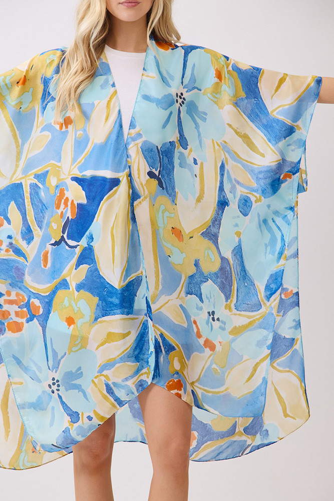 Women's Vibrant Botanic Print Silky Feel Kimono in Blue