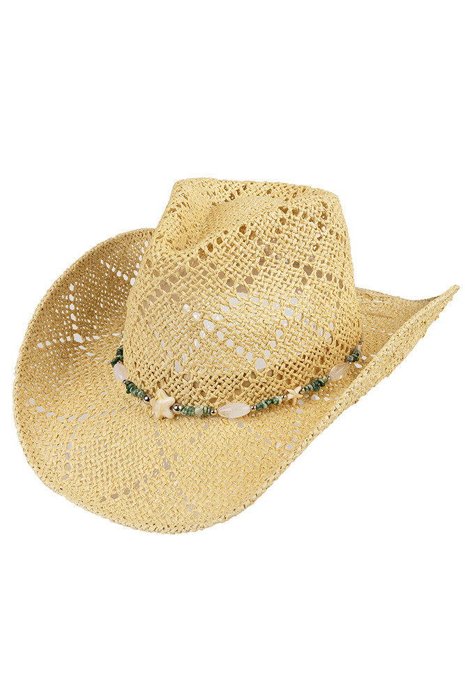 Women's Starfish and Bead Band Pattern Paper Cowboy Hat in Natural