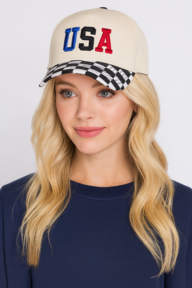 Women's USA Embroidered Letter Checker Pattern Brim Baseball Cap by BURACQ
