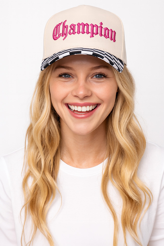 Women's Champion Embroidered Letter on Checkered Brim Baseball Cap in Black