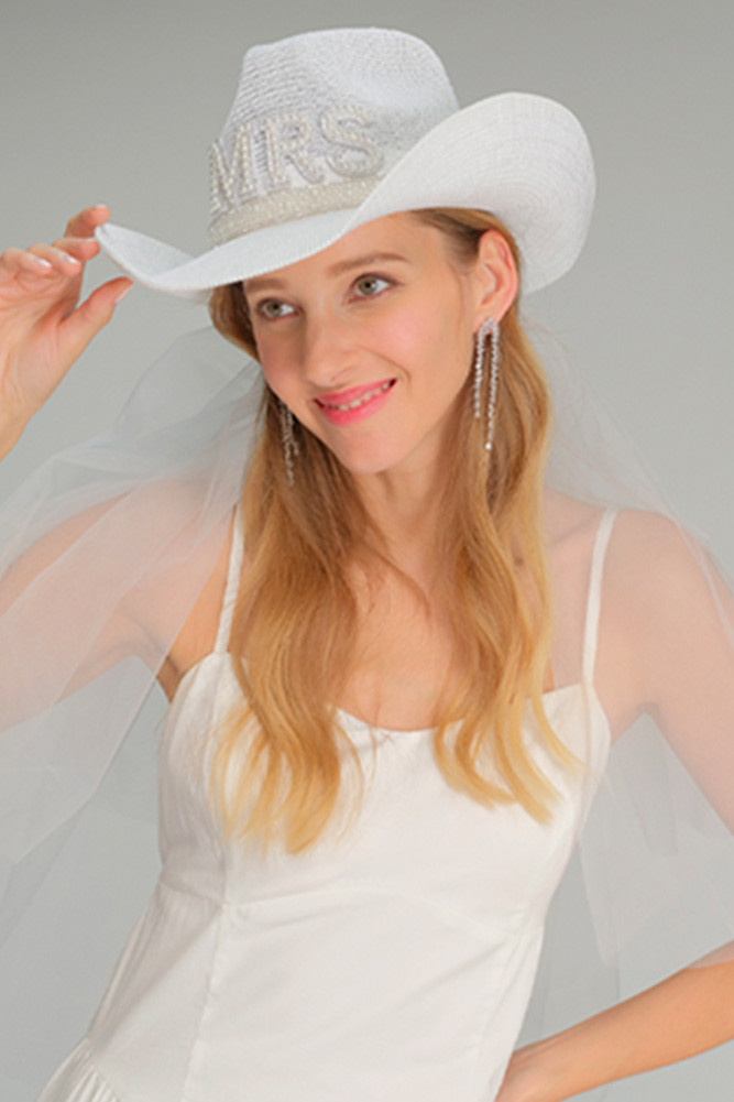 Women's Mrs Letter Pearl & Rhinestone Trim Deco Cowboy Hat in Clear