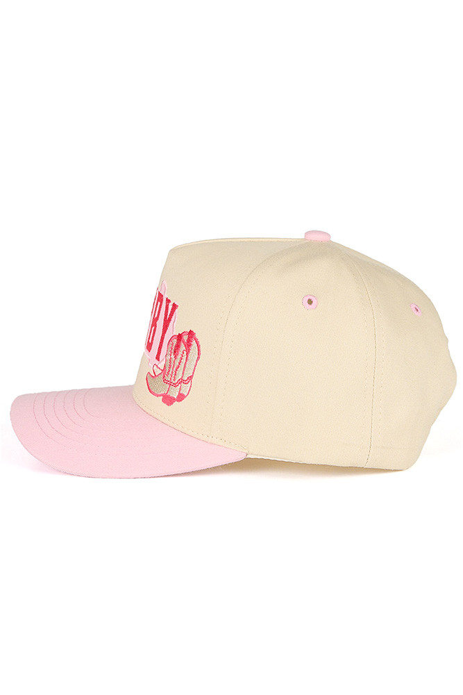 Women's Derby Embroidered Letter with Rose and Boots Trucker Hat in Light Pink