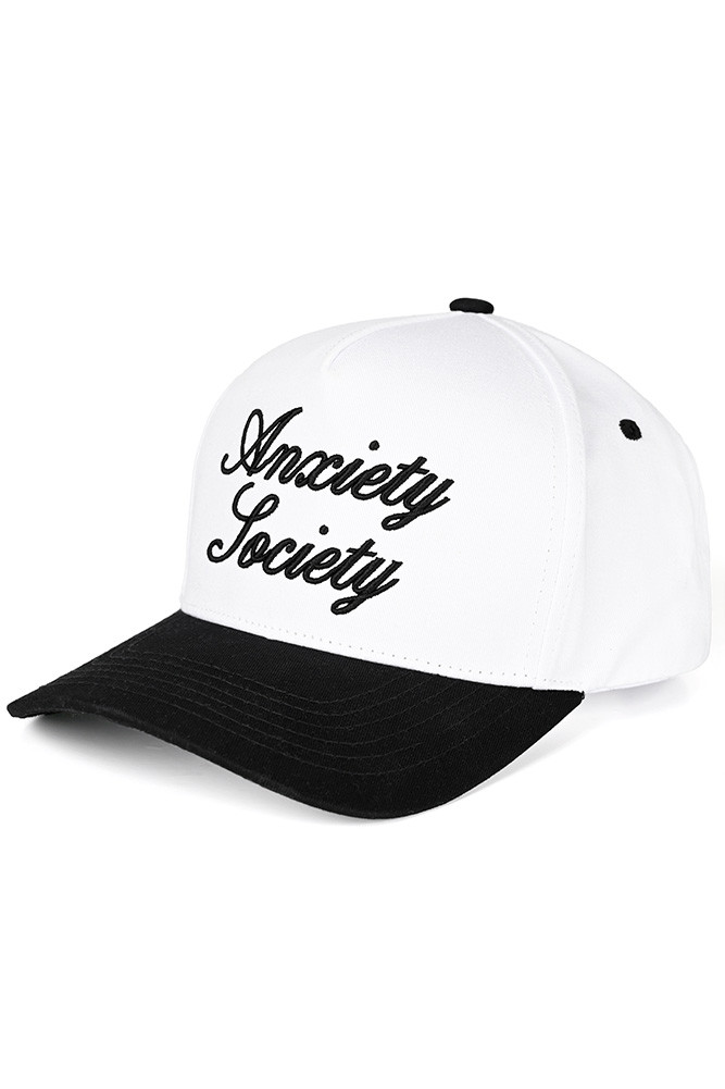 Women's Anxiety Society Embroidered Letter Two-Tone Trucker Hat in Black White