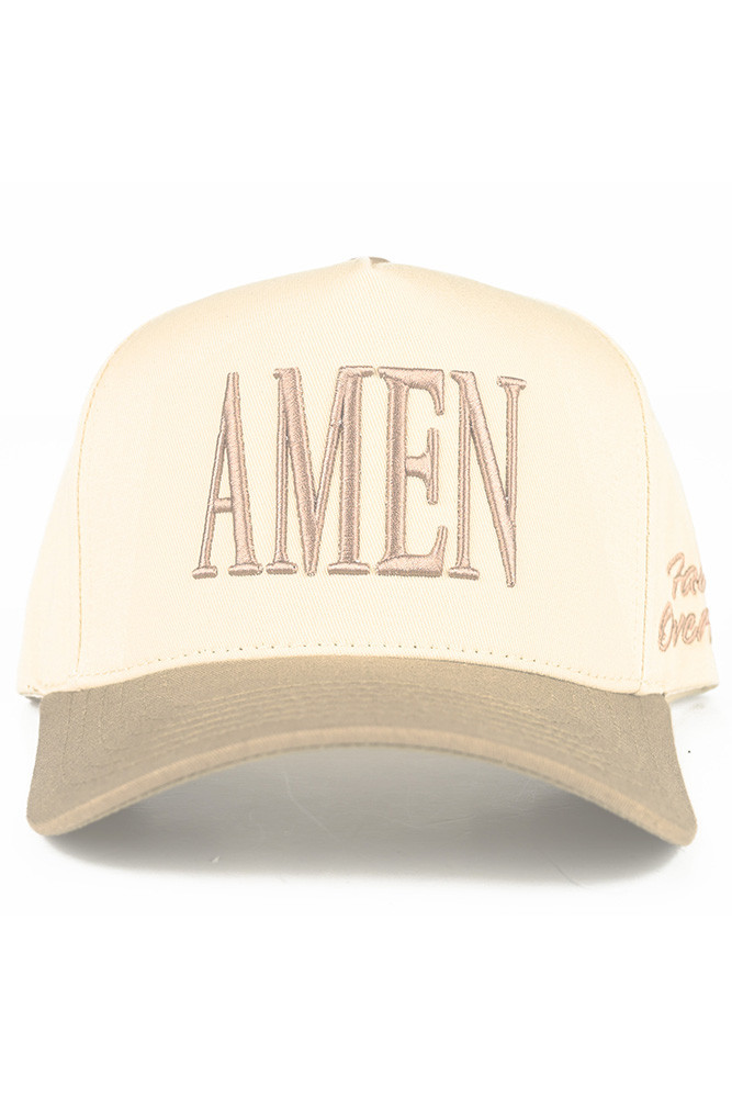 Women's Amen Embroidered Letter Two-Tone Trucker Hat in Beige