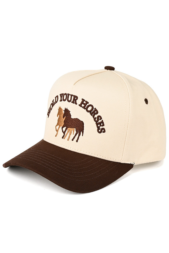 Women's Hold Your Horses Embroidered Letter Two-Tone Trucker Hat in Brown